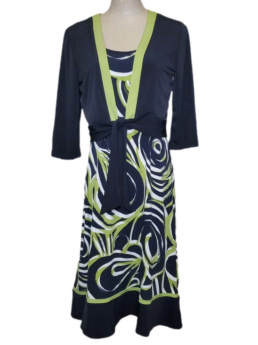Studio I Black & Olive Swirl Sleeveless  with Black Tie Shrug Sz 8
